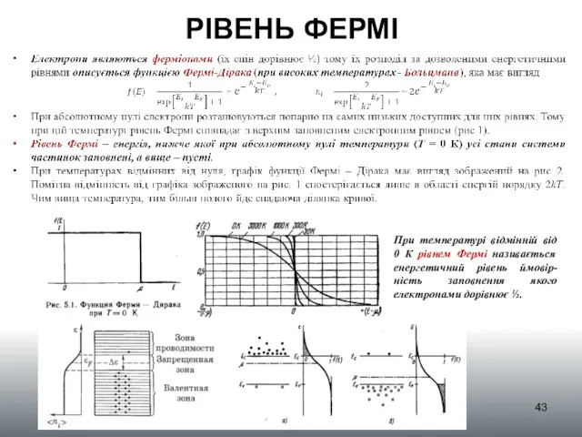 РІВЕНЬ ФЕРМІ При температурі відмінній від 0 К рівнем Фермі називається енергетичний рівень