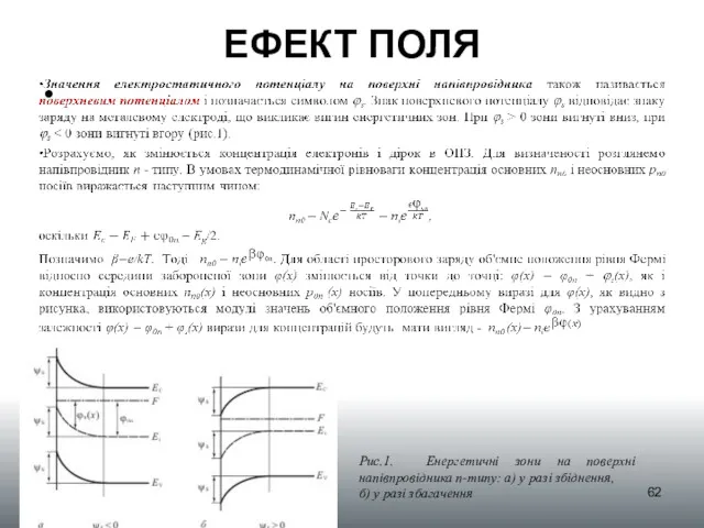 ЕФЕКТ ПОЛЯ Рис.1. Енергетичні зони на поверхні напівпровідника n-типу: а) у разі збіднення,