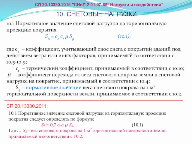 10. СНЕГОВЫЕ НАГРУЗКИ 10.1 Нормативное значение снеговой нагрузки на горизонтальную