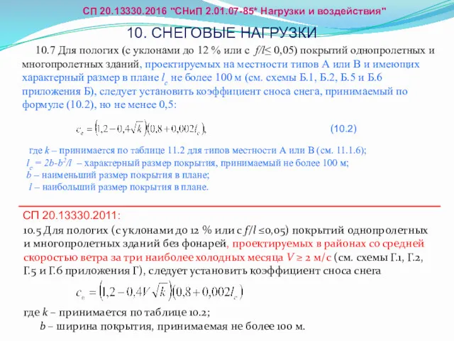 10. СНЕГОВЫЕ НАГРУЗКИ 10.5 Для пологих (с уклонами до 12