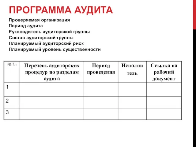 ПРОГРАММА АУДИТА Проверяемая организация Период аудита Руководитель аудиторской группы Состав