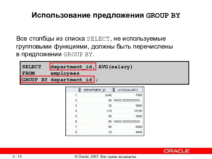 SELECT department_id, AVG(salary) FROM employees GROUP BY department_id ; Использование