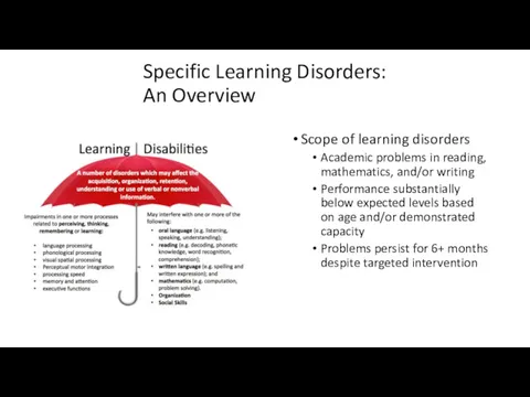 Specific Learning Disorders: An Overview Scope of learning disorders Academic problems in reading,