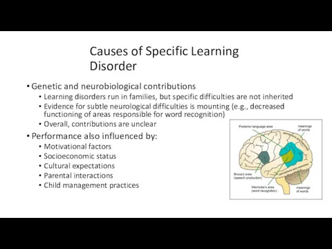 Causes of Specific Learning Disorder Genetic and neurobiological contributions Learning disorders run in