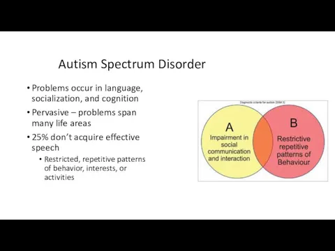 Autism Spectrum Disorder Problems occur in language, socialization, and cognition Pervasive – problems