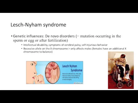 Lesch-Nyham syndrome Genetic influences: De novo disorders (= mutation occurring in the sperm
