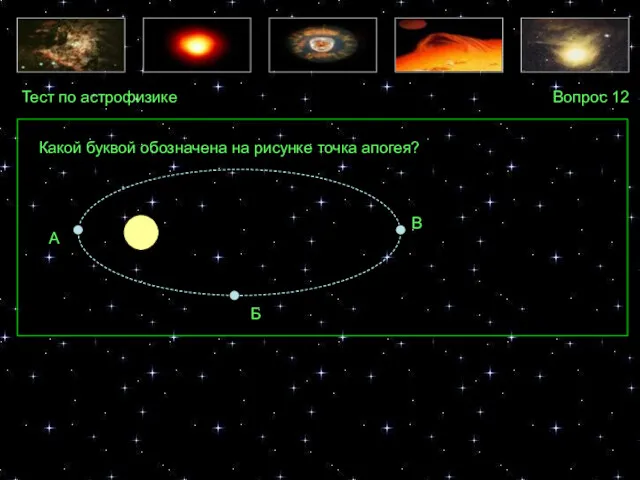 Тест по астрофизике Вопрос 12 А Б В Какой буквой обозначена на рисунке точка апогея?