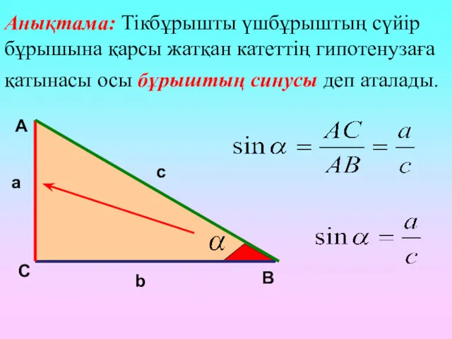 А С В b c a Анықтама: Тікбұрышты үшбұрыштың сүйір