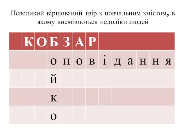 Невеликий віршований твір з повчальним змістом, в якому висміюються недоліки людей