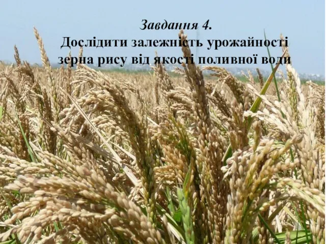 Завдання 4. Дослідити залежність урожайності зерна рису від якості поливної води