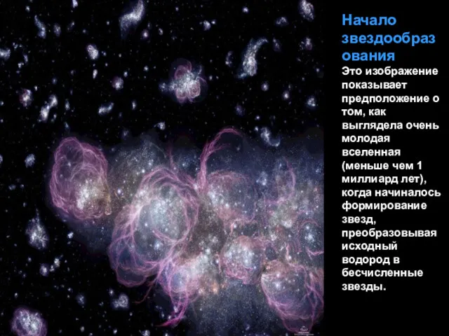 Начало звездообразования Это изображение показывает предположение о том, как выглядела очень молодая вселенная