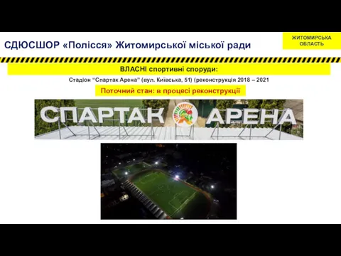 ВЛАСНІ спортивні споруди: Стадіон “Спартак Арена” (вул. Київська, 51) (реконструкція 2018 – 2021
