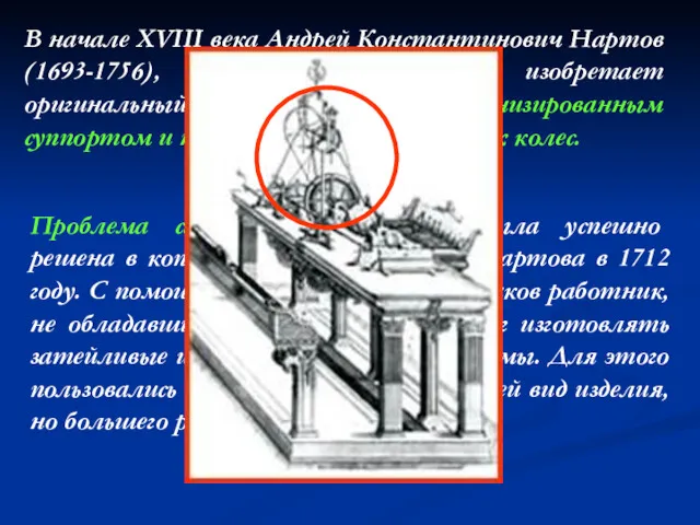 Проблема самоходного суппорта была успешно решена в копировальном станке А.К.Нартова в 1712 году.