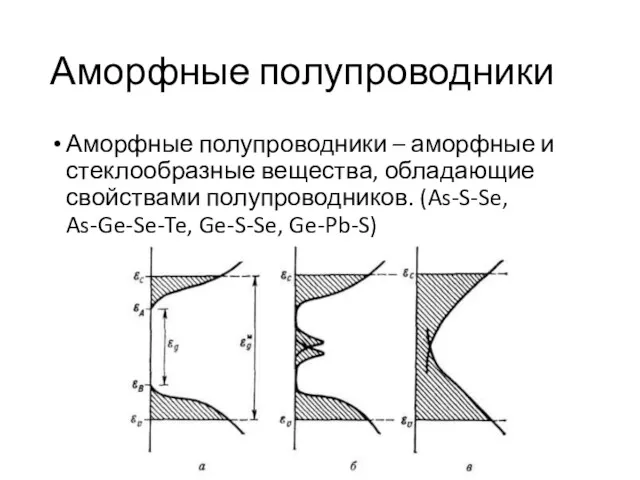 Аморфные полупроводники – аморфные и стеклообразные вещества, обладающие свойствами полупроводников. (As-S-Se, As-Ge-Se-Te, Ge-S-Se, Ge-Pb-S) Аморфные полупроводники