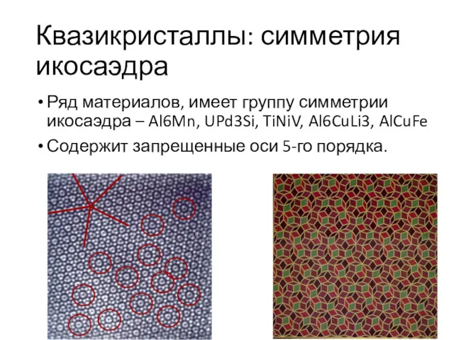 Ряд материалов, имеет группу симметрии икосаэдра – Al6Mn, UPd3Si, TiNiV, Al6CuLi3, AlCuFe Содержит