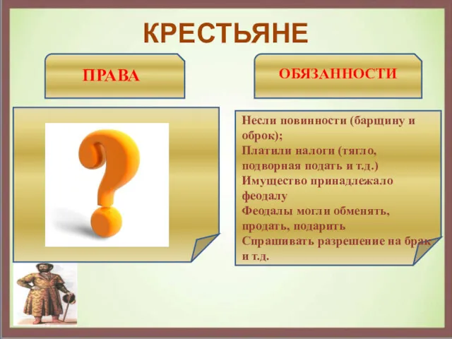 КРЕСТЬЯНЕ ПРАВА ОБЯЗАННОСТИ Несли повинности (барщину и оброк); Платили налоги