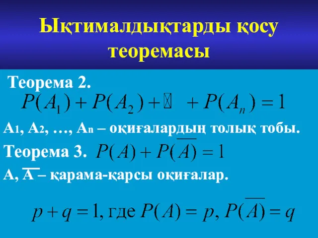 Ықтималдықтарды қосу теоремасы Теорема 2. А1, А2, …, Аn –