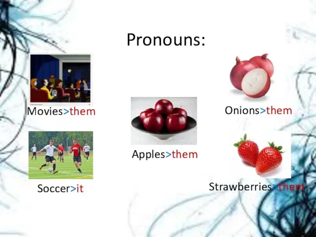 Pronouns: Movies>them Apples>them Strawberries>them Soccer>it Onions>them