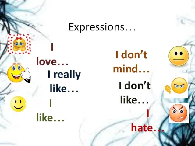 Expressions… I love… I really like… I like… I don’t mind… I don’t like… I hate…