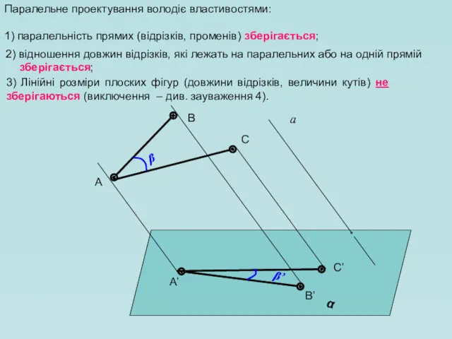 Паралельне проектування володіє властивостями: 1) паралельність прямих (відрізків, променів) зберігається;