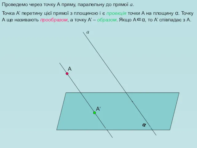 А α а Проведемо через точку А пряму, паралельну до