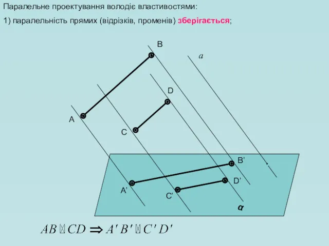Паралельне проектування володіє властивостями: 1) паралельність прямих (відрізків, променів) зберігається;