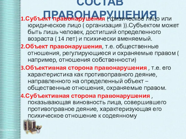 СОСТАВ ПРАВОНАРУШЕНИЯ 1.Субъект правонарушения ( физическое лицо или юридическое лицо ( организация )).Субъектом