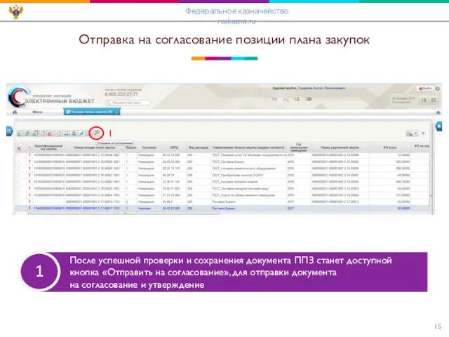 Отправка на согласование позиции плана закупок 1 После успешной проверки