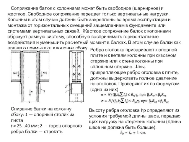 Сопряжение балок с колоннами может быть свободное (шарнирное) и жесткое.