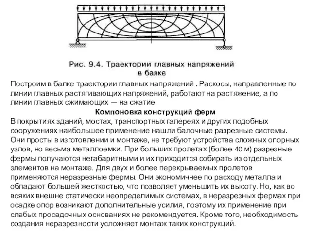 Построим в балке траектории главных напряжений . Раскосы, направленные по