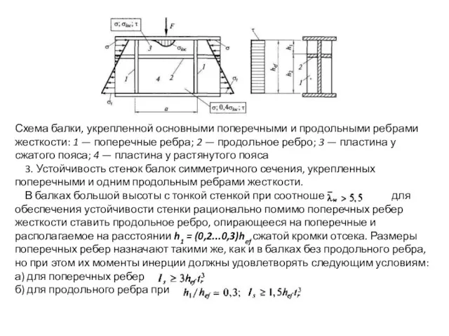 Схема балки, укрепленной основными поперечными и продольными ребрами жесткости: 1