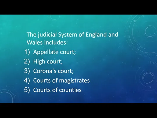 The judicial System of England and Wales includes: Appellate court;