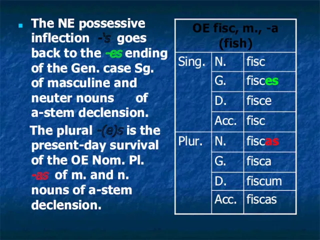 The NE possessive infleсtion -‘s goes back to the -es