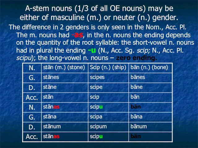 A-stem nouns (1/3 of all OE nouns) may be either