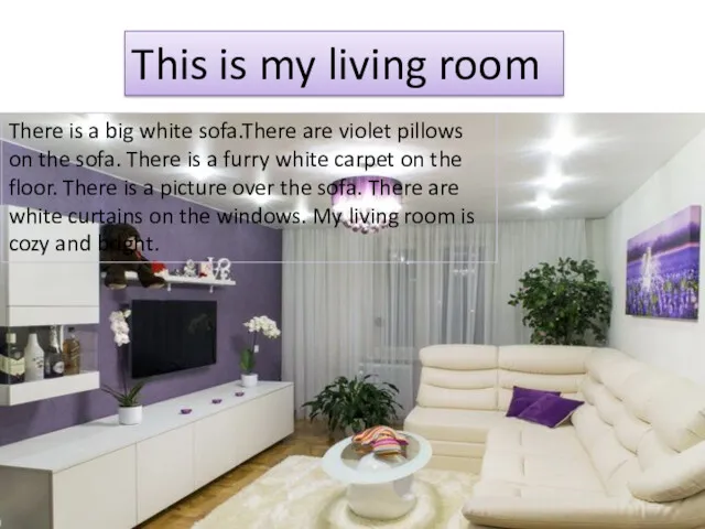 This is my living room There is a big white sofa.There are violet