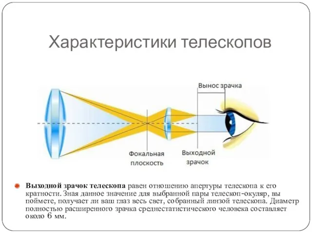 Характеристики телескопов Выходной зрачок телескопа равен отношению апертуры телескопа к