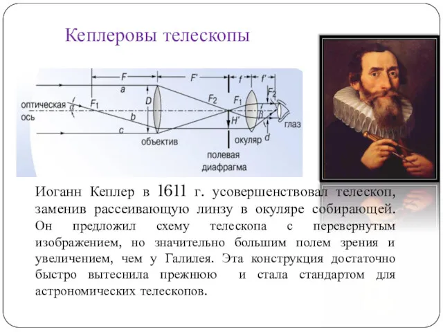 Кеплеровы телескопы Иоганн Кеплер в 1611 г. усовершенствовал телескоп, заменив