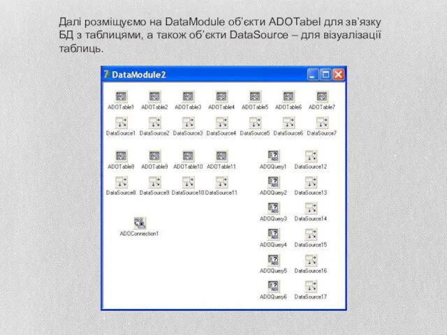 Далi розмiщyємо на DаtаMоdule об’єкти АDОTаbel для зв’язкy БД з