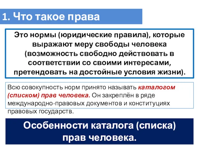 1. Что такое права человека. Это нормы (юридические правила), которые