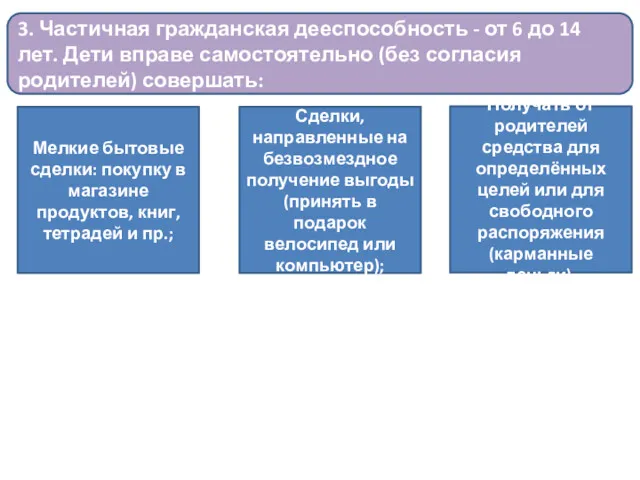 3. Частичная гражданская дееспособность - от 6 до 14 лет.