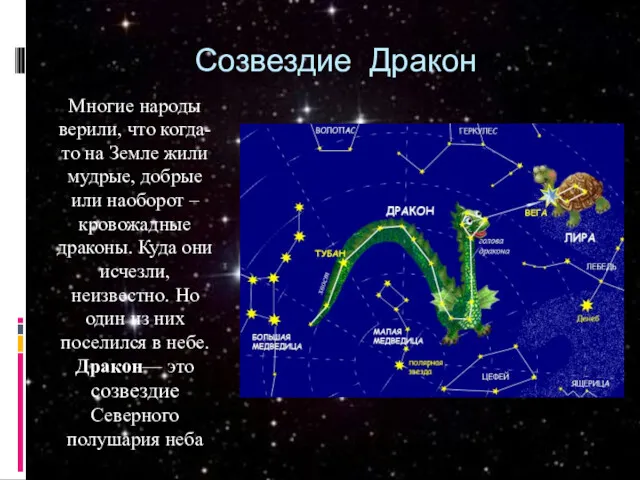 Созвездие Дракон Многие народы верили, что когда-то на Земле жили