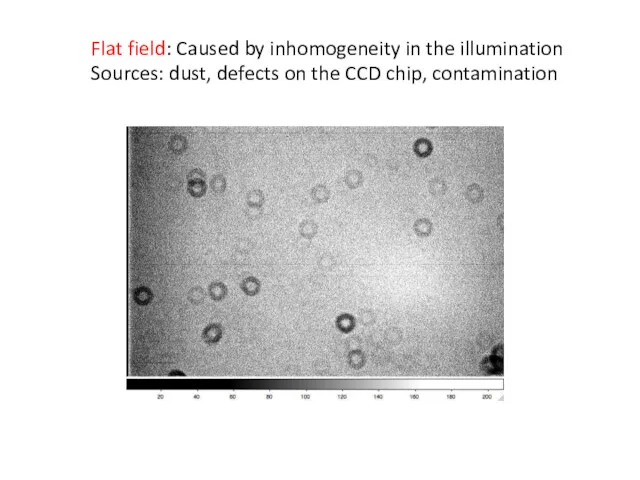 Flat field: Caused by inhomogeneity in the illumination Sources: dust, defects on the CCD chip, contamination