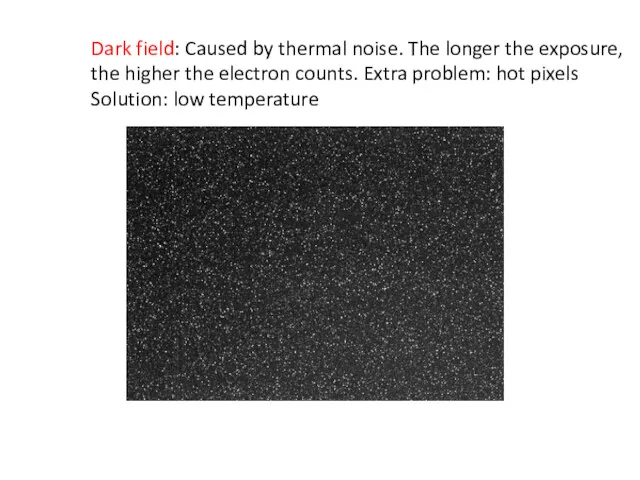 Dark field: Caused by thermal noise. The longer the exposure, the higher the