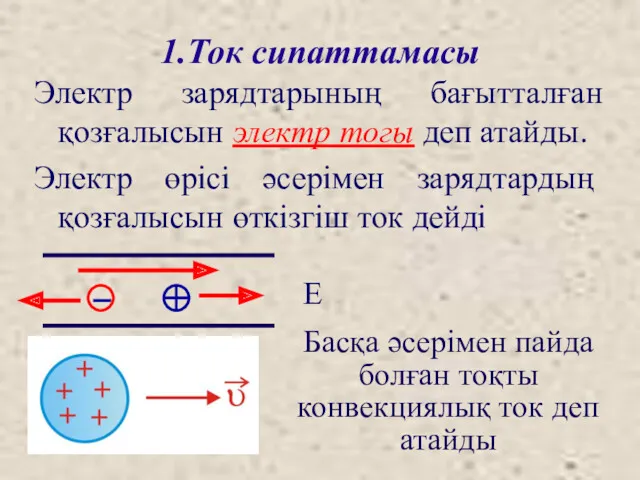 1.Ток сипаттамасы Электр зарядтарының бағытталған қозғалысын электр тогы деп атайды.