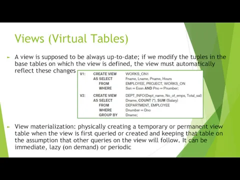 Views (Virtual Tables) A view is supposed to be always