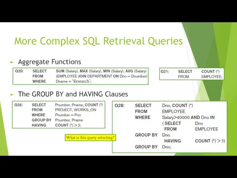 More Complex SQL Retrieval Queries Aggregate Functions The GROUP BY