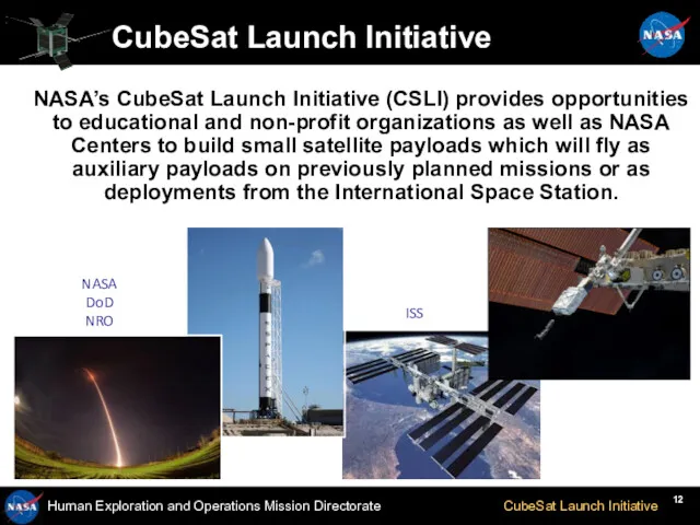 CubeSat Launch Initiative NASA’s CubeSat Launch Initiative (CSLI) provides opportunities