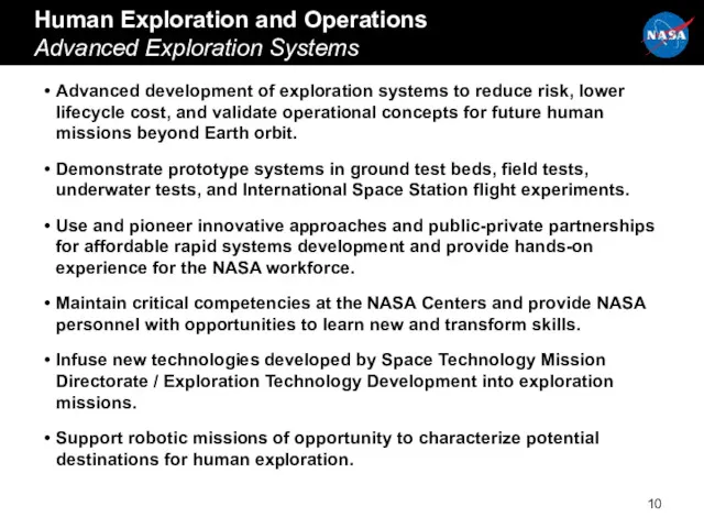 Human Exploration and Operations Advanced Exploration Systems Strategy Advanced development