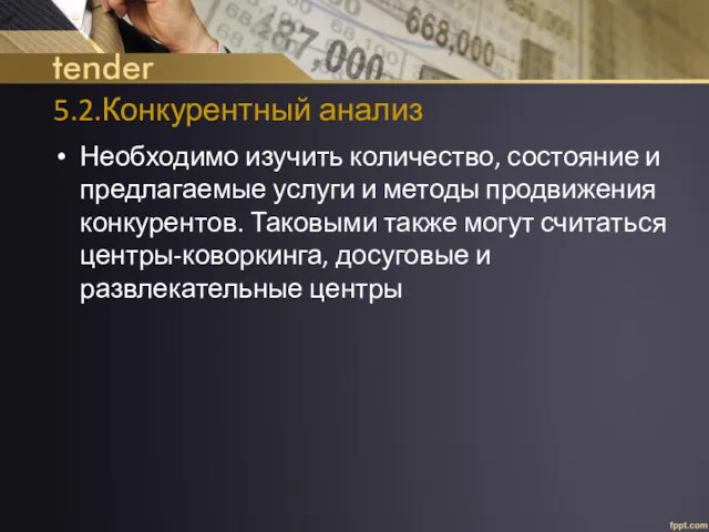 5.2.Конкурентный анализ Необходимо изучить количество, состояние и предлагаемые услуги и