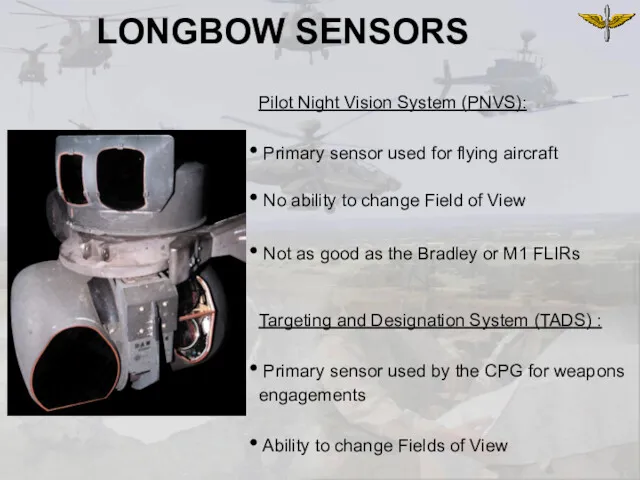 Pilot Night Vision System (PNVS): Primary sensor used for flying